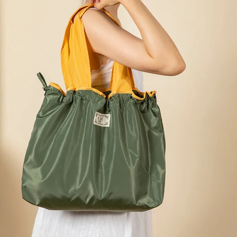 Large Capacity Reusable Drawstring Bag Nylon Foldable Grocery Bag Tote Shopping Bag Eco Large Polyester Beach Bags Totes