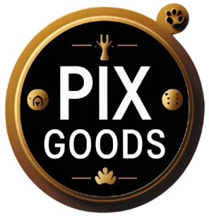 Round logo with 'PIX GOODS' text on a black background
